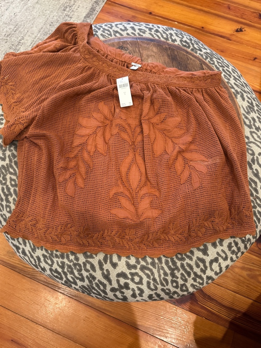 Anthropologie Rust Embroidered Crochet Off-Shoulder top